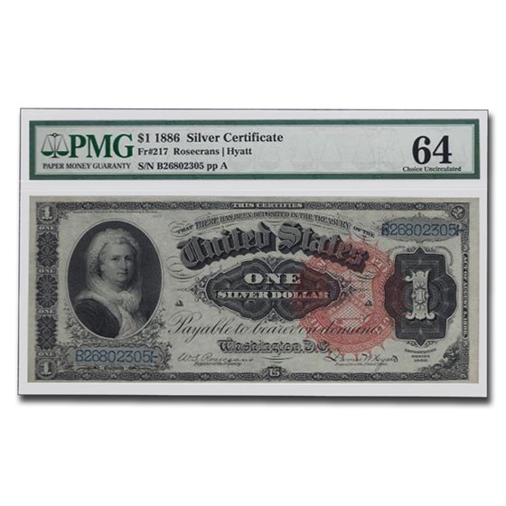 1886 $1.00 Silver Certificate Martha Washington CU-64 PMG 1886 $1.00 Silver Certificate Martha Washington CU-64 PMG